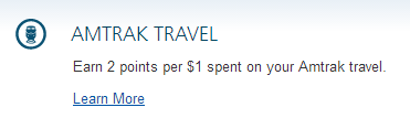 Amtrak Guest Rewards. Earn 2 points per dollar spent.