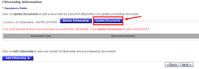 Click "Update Documents" to add your information.
