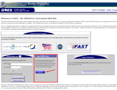 Global Entry registration home page.