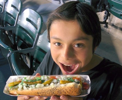 My son enjoying a Chicago Hot Dog during a recent visit.