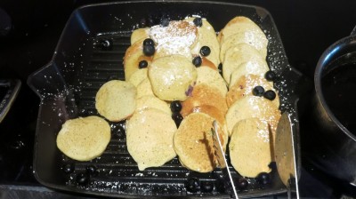 Blueberry pancakes on the breakfast buffet.