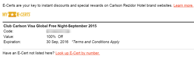 club carlson free night certificate