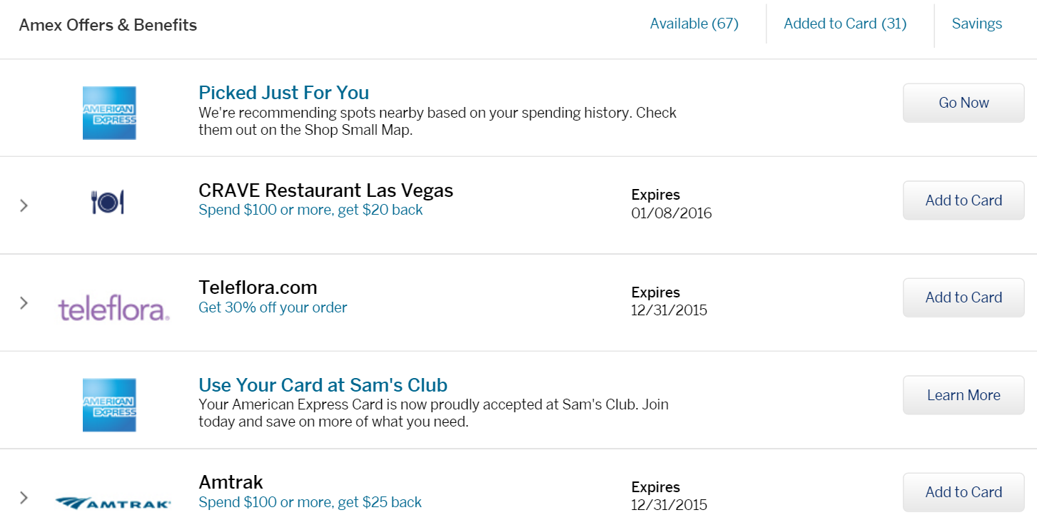 amex offers interface