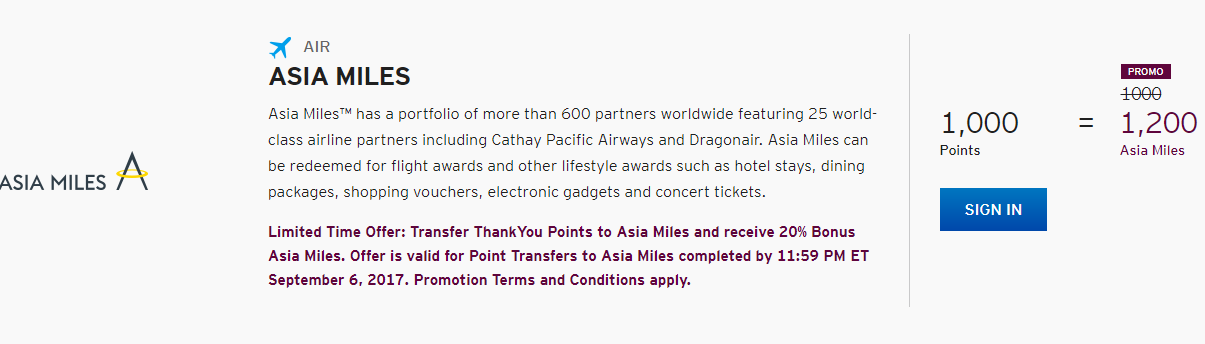 thankyou points asia miles 20% bonus