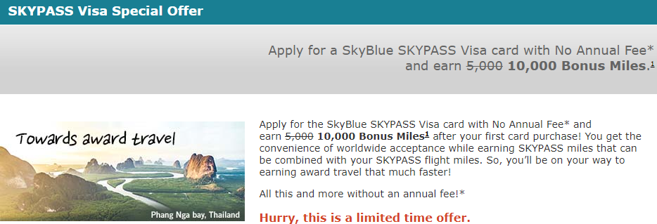 SkyBlue SKYPASS No Fee Card 10K offer
