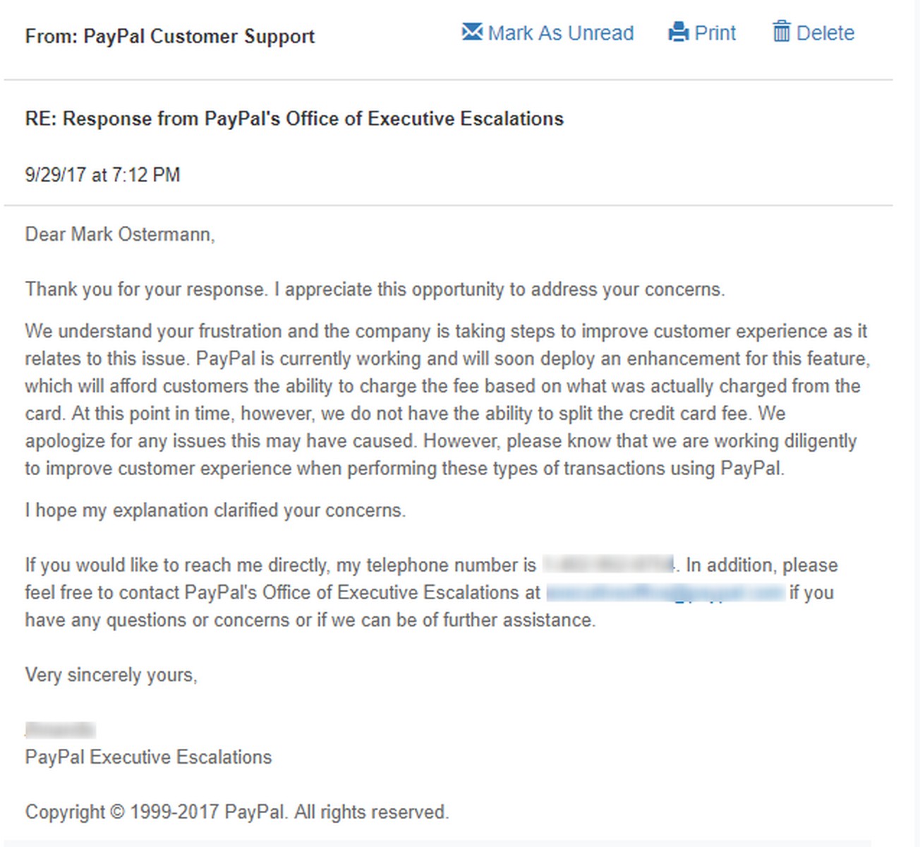 PayPal's Response to Overbilling