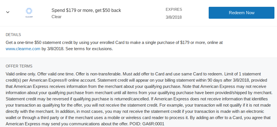 Amex Offer: $50 Off Clear Membership 