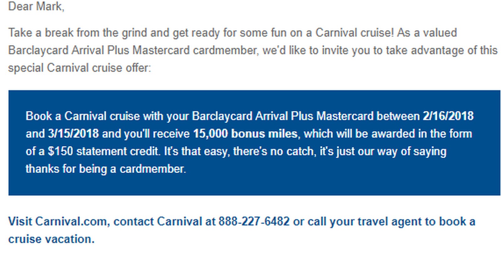 15,000/$150 Carnival Cruise Offer on Barclay Cards