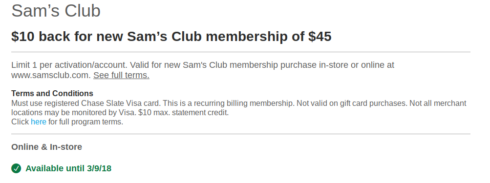 New Chase Offers Including Sam's Club