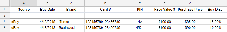 Gift Card Reselling Spreadsheet Template