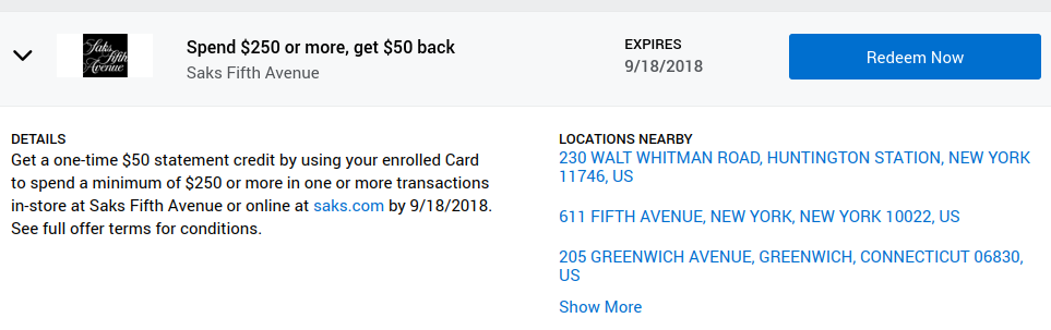 $50 Statement Credit with $250 Purchase at Saks Fifth Avenue 