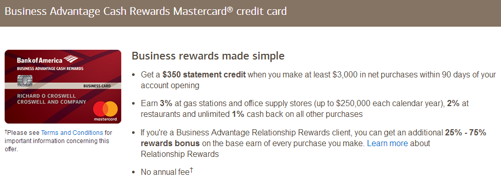 Bank of America Business Mastercard 350 bonus