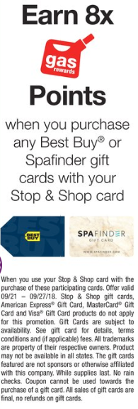 Stop & Shop 8X Fuel Points Promo for best buy Gift Cards 