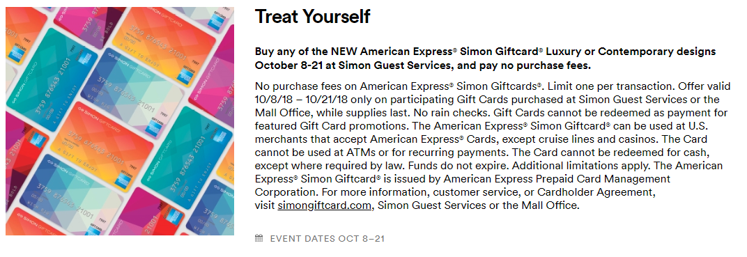 simon mall no fee amex gift cards