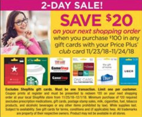 shoprite 20 off gift cards