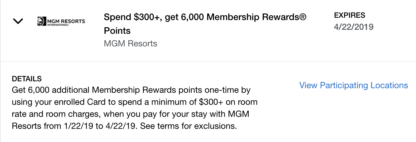 MGM Amex Offer: Spend $300 Get $60/6k Points 