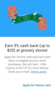 venmo debit card $20 on groceries