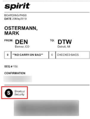 Spirit Shortcut Security boarding pass