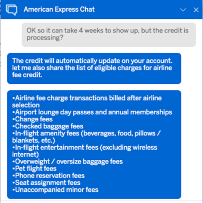 American Express Airline Incidental Credits Chat