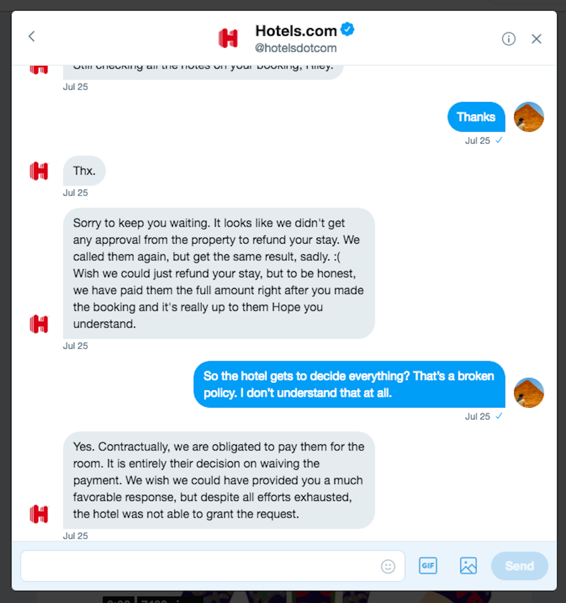 Hotels.com cancelation policy on twitter