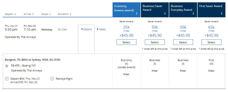 partner awards using United miles - Thai first class