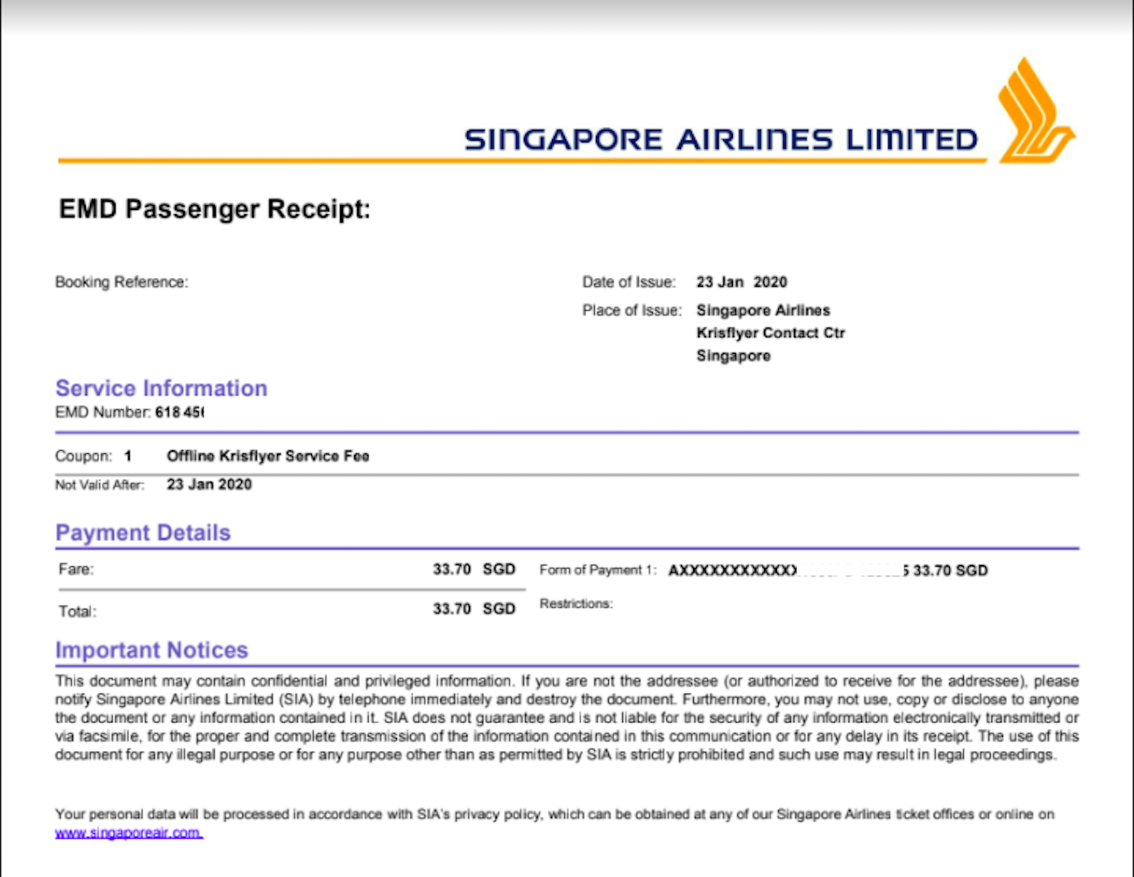 Singapore Airlines hold fee offline